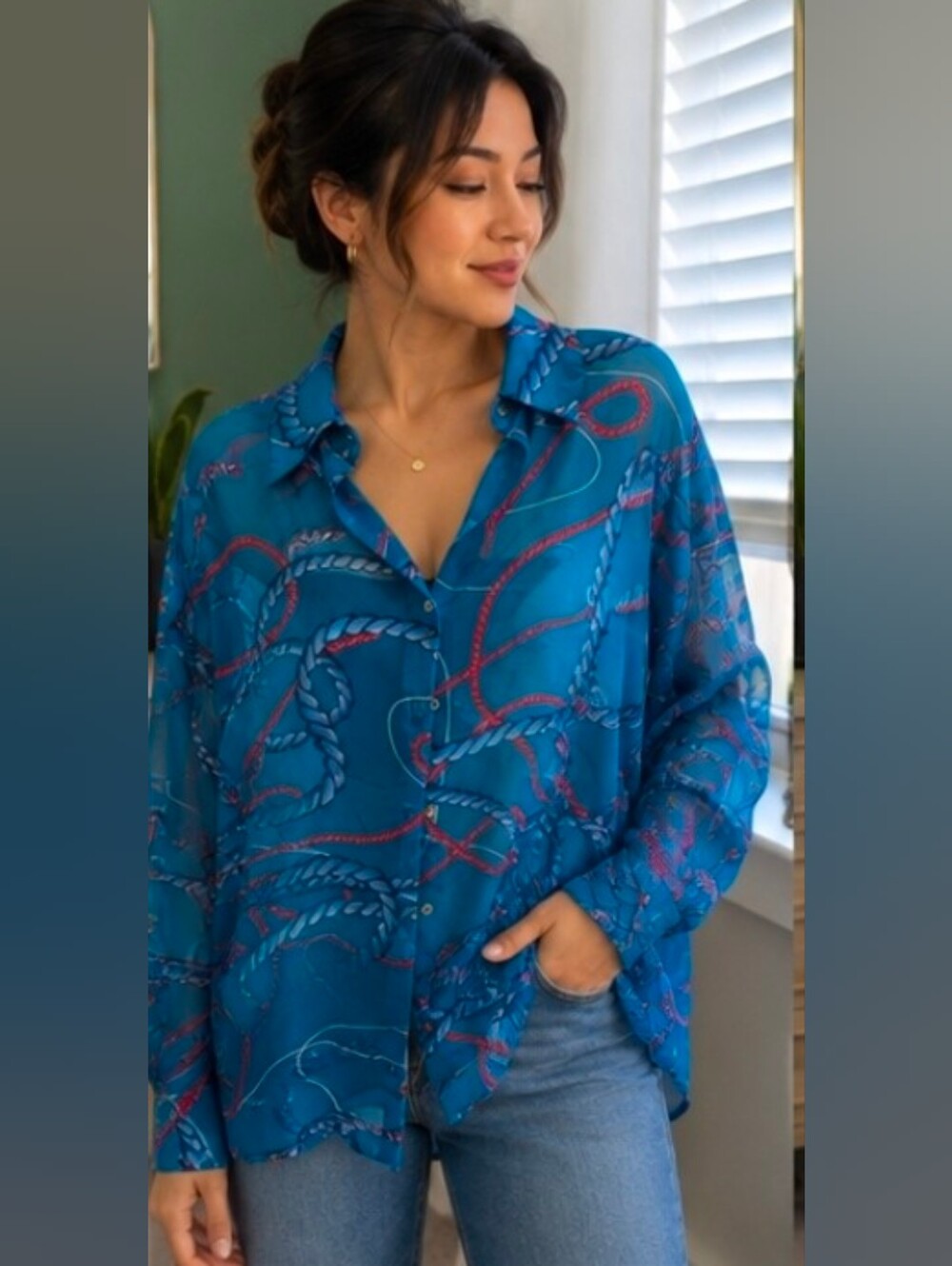 Zara Blue Sheer Rope-Print Button-Down Shirt. Size Small